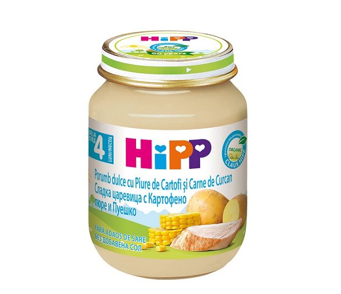 Месно пюре HIPP Био царевица, картофено пюре и пуешко, след 4 месец, 125 г