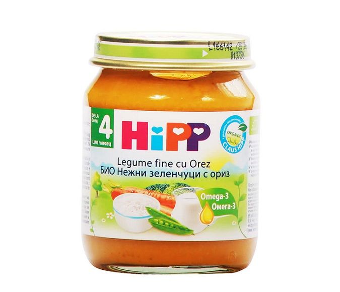 Зеленчуково пюре HIPP Био нежни зеленчуци с ориз, след 4 месец, 125 г