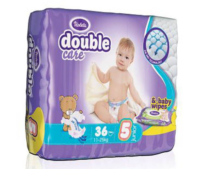 Пелени Violeta Double Care 5 (11-25кг) 36бр + мокри кърпички