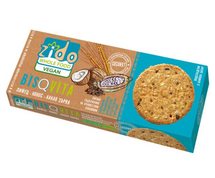 Пълнозърнести Веган бисквити Zido Bisqvita с кокос и какаови зърна и лимец 105 г
