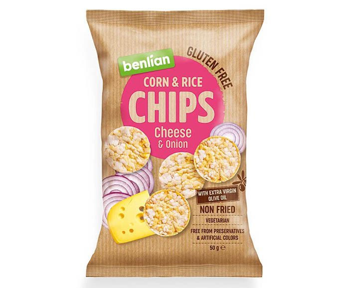 Снакс от царевица и ориз Benlian Chips сирене и лук 50 г