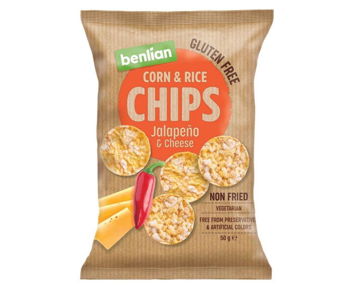 Снакс от царевица и ориз Benlian Chips халапеньо и сирене 50 г