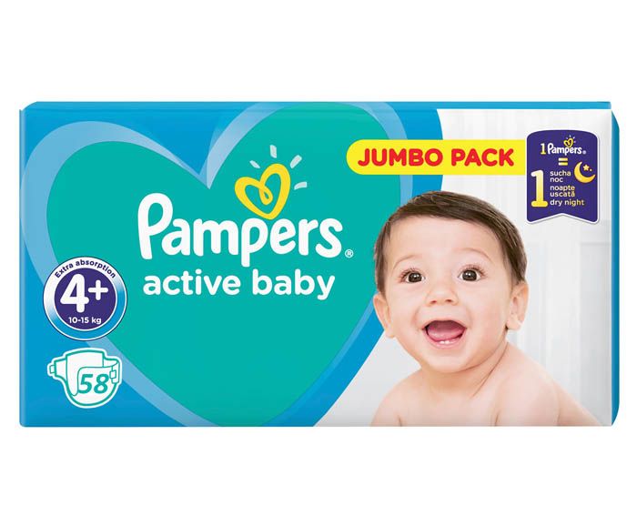 Бебешки Пелени Pampers Active Baby 4+ (10-15 кг) 58 бр