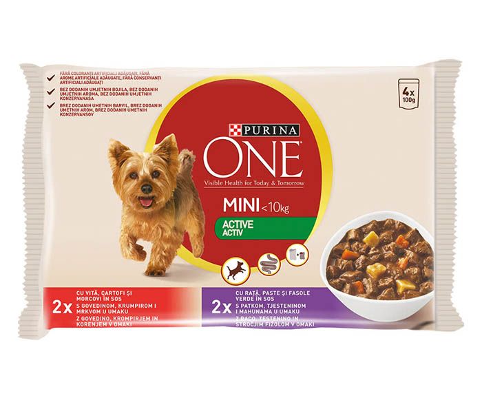Храна за Кучета Purina One Mini Active Пауч Говеждо и Патица 4 х 100 г
