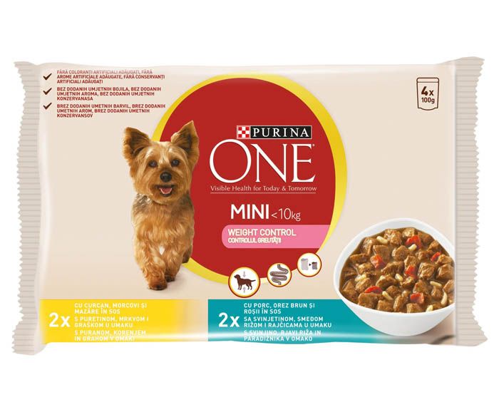 Храна за Кучета Purina One Mini Dog Weight Control с Пуйка и Свинско 4 x 100 г