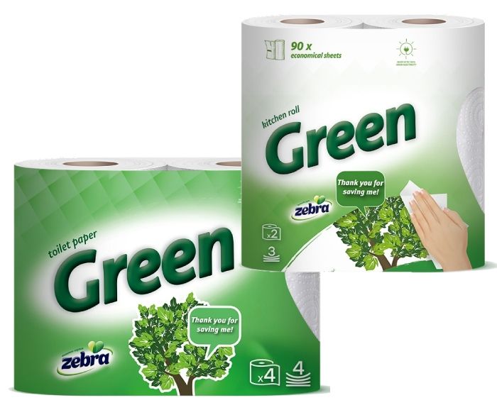 Пакет: Тоалетна Хартия Zebra Green 4 пл. 4 бр + Кухненско Руло Zebra Eco 90 л. 3 пл. 2 бр