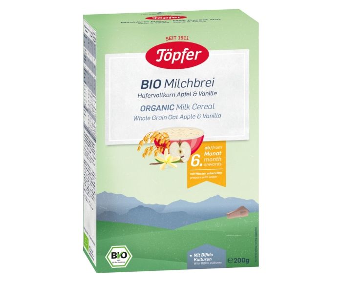 Био Млечна Каша Пълнозърнест Овес, Ябълка и Ванилия след 6-ия Месец Topfer 200 г