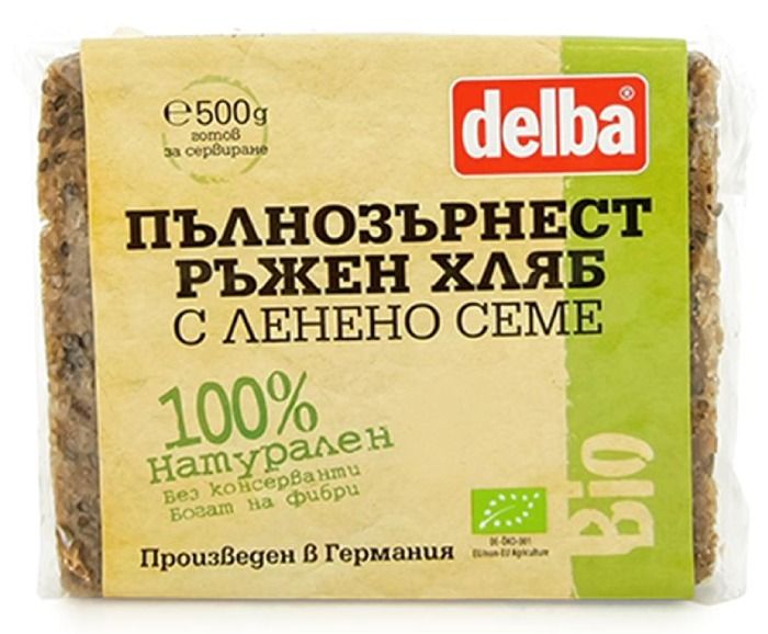 Био Пълнозърнест Ръжен Хляб с Ленено Семе Delba 500 г