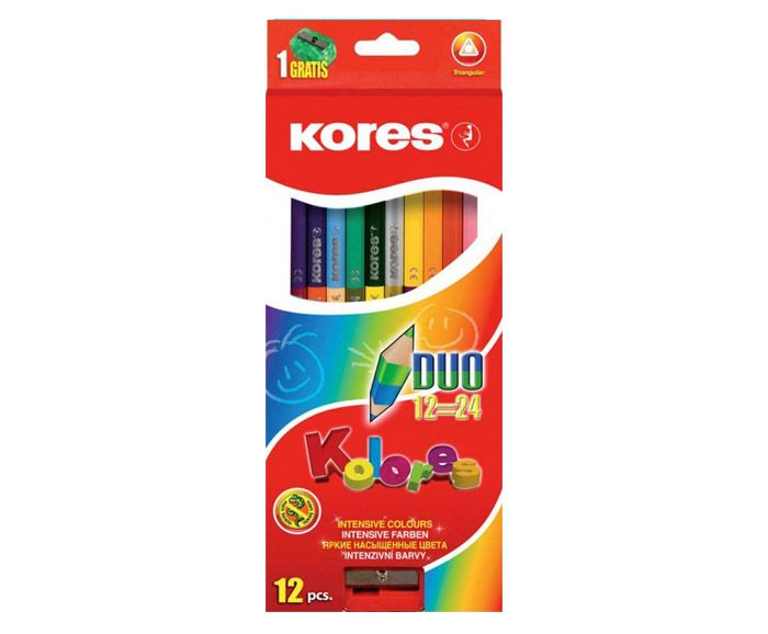 Цветни моливи Kores Duo 12=24 (12 бр, 24 цвята) + острилка